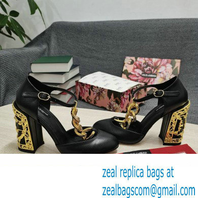 Dolce  &  Gabbana Logo Heel 10.5cm Chain leather T-strap Pumps Black 2022